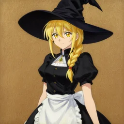 portrait of marisa kirisame is young witch with blonde hair with single braid and golden yellow eyes, wearing black vest and skirt, white waist apron and undershirt, and pointed black witch hat, yoshitaka amano thoma greg rutkowski alexandros pyromallis oskar schlemmer nekro illustrated art by ashley wood, detailed painting, shimmer oil on canvas artstation