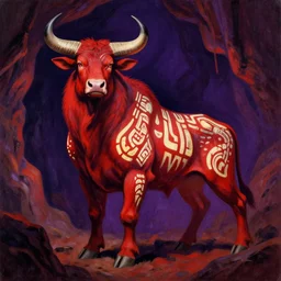 a shaded painted full body illustration of a male minotaur with glowing tribal skin markings in a dark cave environment with a bovine head, painterly, detailed, art - deco, red and purple palette : : 0. 3 by 1 9 6 0 ’ s advertising art, stylized, propaganda art, rule of thirds, beautiful