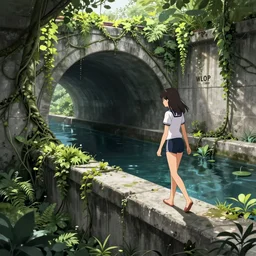 Digital anime art by WLOP and Mobius, Water reservoir, concrete tunnel, overrun by plants, overrun by vines, girl in school swimsuit walking on concrete ledge, highly detailed, dim and shadowy lighting, some sunlight above