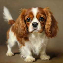 a ruby color cavalier king charles spaniel, oil painting by titian, hard focus