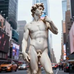 a realistic renaissance sculpture of margot robbie by michelangelo, standing in times square, 3 d render, hyper detailed, sharp focus, 8 k resolution
