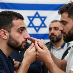 a group of men holding another man's nose, his nose is 3 meters wide, super realistic, in the background is the israeli flag, very detailed.