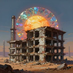 a beautiful hyperdetailed painting of unfinished building abandoned industrial architecture sun disc urbex by b. v. doshi, extraterrestial retrowave gem sunset made of glass myst cosmic cgsociety lightpaint desert apocalyptic forest, archdaily, wallpaper, highly detailed, trending on artstation.