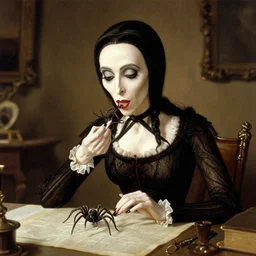 morticia addams eating a spider, rembrandt,
