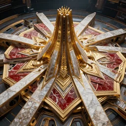 futuristic mandala temple space station with gold, red and white marble panels, by buckminster fuller and syd mead, intricate contemporary architecture, photo journalism, photography, cinematic, national geographic photoshoot