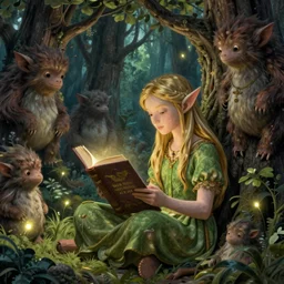 a beautiful elf reading a book at tree monsters, some fireflies, by brian froud and alan lee, highly detailed, intricate, fantasy, concept art, matte painting, sharp focus, smooth, lighting by greg rutkowski, rich vivid color scheme, unreal engine, artstation