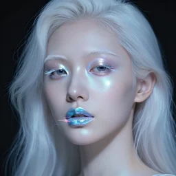 beautiful portrait of a woman with holographic light makeup, glitched lipstick, porcelain hair, translucent skin, surreal, in the style of steven meisel, detailed