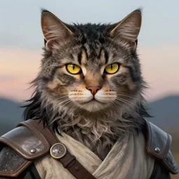 Photo of the detail painted cat as dnd aventurer with pale ash-colored skin, yellow cat-eyes with vertical pupils, black thick hair with a touch of gray to the shoulders, with neat stubble, similar to a small beard and with a strong build. He wore a plain old shirt, with a light leather armor, male, elegant,  digital fantasy art, hands straight down, insane,  under light, at late evening by greg rutkowski and thomas kinkade, Trending on artstation