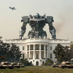 a giant mech standing in front of the white house, lines of tanks, a jet flying overhead, haze, ash, smoke,