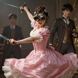 a photorealistic fantasy render of a beautiful sword dancer wearing a beautiful intricately detailed steam punk goggles and clasical pink victorian dress, by wlop, artgerm, kentaro miura, arthur adams, beautiful dynamic epic lighting, shadows, cinematic atmosphere, artstation, concept design art, octane render, 8 k