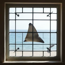 a mullioned window through which you can see the sea where shark fins are visible