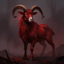 lamb man digital art, human lamb hybrid, cult of the lamb, deep crimson and dark shadows, foggy background, ambient glow