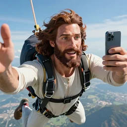 a macro portrait of Jesus taking a selfie while skydiving, hyperdetailed, artstation, digital art, photorealism, accurate, 8k,