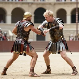 film still of a gladiator arena duel fight, boris johnson wrestles emmanuel macron, epic cinematic shot