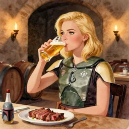 blonde hot woman in wine cellar, boba fett!, drinking beer, eating meat, cozy, inviting, atmospheric, torches on the wall, watercolor by vladimir volegov