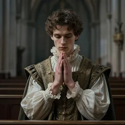 portrait of man praying in church, young, male, short curly hair, gothic, romantic era garb, intricate, brooding, ethereal, highly detailed, cinematic lighting, digital painting by bayard wu, trending on artstation