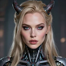 a cyborg demon girl, charlize theron, flawless symmetrical pretty cute face, greg rutkowski, 8 k, shallow depth of field, intricate detail, concept art,