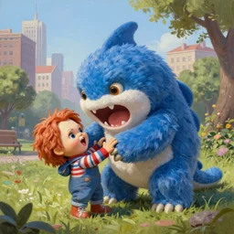 adorable anthropomorphic gigantic cerulean furry leviathan monster, playing with screaming chucky doll, in a park surrounded by a city, rpg reference, oil painting, trending on artstation, octane render, insanely detailed, 8 k, hd
