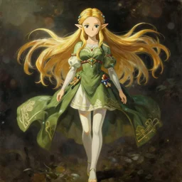baroque oil painting of japanese ln illustration anime key visual full body action shot | zelda with flowing blonde hair | symmetrical perfect face fine detail wistful gaze | lotr dynamic studio highlights sharp contrast stunning bokeh post processing gapmoe kuudere trending pixiv fanbox | by greg rutkowski makoto shinkai takashi takeuchi studio ghibli