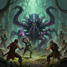 adventuring party battles a beholder by justin gerard