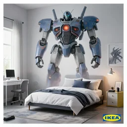 IKEA catalogue photo, cyberpunk teenager bedroom, giant robots, by Beksiński