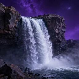 waterfall on asteroid, purplish space in background, ultra realistic, ultra detailed, artstation award winner, hdr