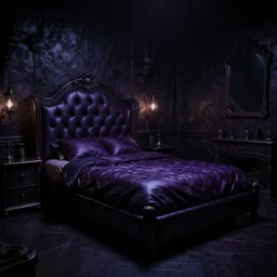 night time, moody dark, dark purple leather dungeon bedroom
