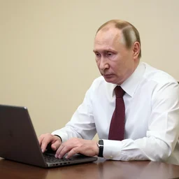 photograph of putin using laptop, color, studio lighting