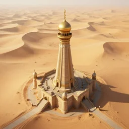beautiful render of caliphate of djinni, unreal engine, fantasy style, epic landscape, guard tower, desert, drone shot, soft light, by greg rutkowski, cgsociety