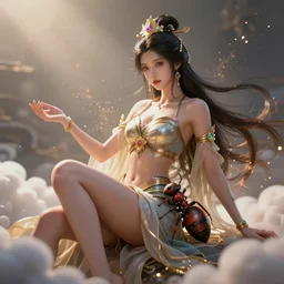 a beautiful female goddess of ants character, character is in all its glory, character is in her natural relaxed pose, rim lights, particles and dust in the air, fancy clouds, highly detailed professional photo, dynamic lights, particles are flying, depth of field, trending on artstation, hyper realistic, vray caustics, super detailed, colorful accents, cinematic shot
