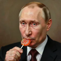 portrait of vladimir putin eating a lollipop, detailed face, detailed painting,, epic lighting, by ilya repin, phil hale and kent williams,