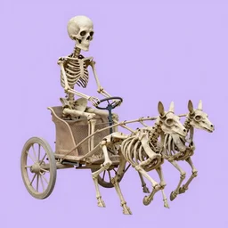 the collage features a human figure driving a chariot. the figure is skeletal and frail, with a large head and eyes. the chariot is pulled by two animals, which are also skeletal and frail. pastel violet by antoni gaudi daring