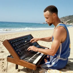 vintage travel advertisement, of steph curry playing a huge modular synthesizer on the beach