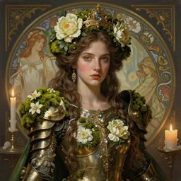 hyperdetailed portrait of beautiful queen's moss flowers armored girl in wax and candles. highly detailed portrait, digital painting, sharp foccus ilustration, artstation hq. intricate, elegant. wlop, greg rutkowski, alphonse mucha, medium shot. dan mumford