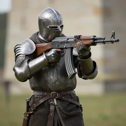 a medieval knight in full armor, shooting an ak - 4 7. 4 k, hdr.