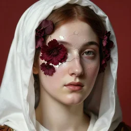 hyperrealism close - up mythological portrait of an exquisite medieval woman's shattered face partially made of maroon flowers in style of classicism, wearing white silk hood, red palette