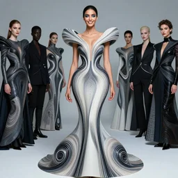 a beautiful arabian woman wearing a futuristic dress by alexander mcqueen, thom browne, junya watanabe, dzhus, ara jo,, gareth pugh, julia krantz, andrej pejic, winde rienstra, hussein chalayan, artgerm, arabian beauty, blue eyes, smile, futuristic, organic dress, pattern, concept art, fantasy