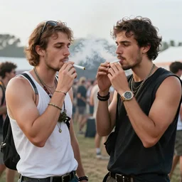 two tall lenky guys getting very high on weed while smoking a joint at a festival