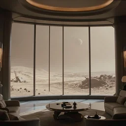 sci - fi film still of a luxury apartment with massive windows, views onto a desolate mining planet, beige atmosphere, ridley scott, 1 9 8 0 s science fiction film screenshot