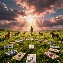 wild spells from a deck of cards, landscape, cinematic view, epic sky, detailed, concept art, low angle, high detail, warm lighting, volumetric, godrays, vivid, beautiful, trending on artstation, by jordan grimmer, huge scene, grass, art greg rutkowski