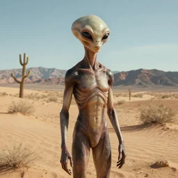 A photo of a alien in a desert in Nevada, documentary, realistic, cinematic, extremely high detail, 8k, cinematic, octane render, unreal engine