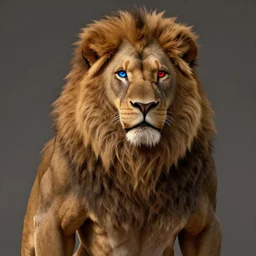 a handsome strong, anthropomorphic male lion, with a thick long mane, and brown fur covering his whole body, blue right eye, red left eye, unreal engine, artstation