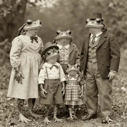 vintage photograph of a family of frogs in clothing, sepia