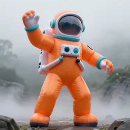 an tall giant inflatable astronaut in an orange and teal suit, dancing in the mist. highly detailed