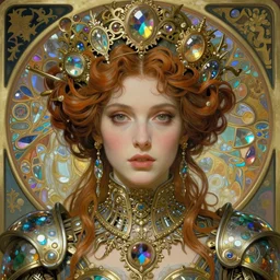 realistic detailed face portrait of a beautiful futuristic italian renaissance queen in opulent alien cyberpunk armor by alphonse mucha, ayami kojima, amano, greg hildebrandt, and mark brooks, female, feminine, art nouveau, ornate italian renaissance cyberpunk, iridescent venetian blown glass, neo - gothic, gothic, character concept design