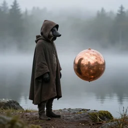 an aardvark, wearing a hooded cloak, stands next to a levitating copper orb, foggy lake, by mike davis