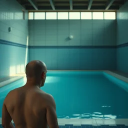 film still of shaved viktor orban waiting sadly inside an empty empty empty pool, a scene from tv series narcos narcos narcos, hd, 4 k