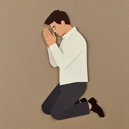 man on his knees praying painterly textured simplified paper cutout, image of a man on his knees praying, full body portrait, film grain 1 9 7 0 s low poly art character painterly design
