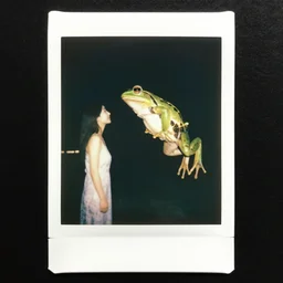 Polaroid photo of a giant frog jumping to a lady