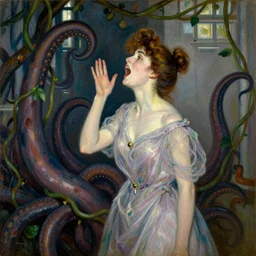 vintage beautiful painting of a beautiful woman screaming at giant tentacles and vines coming out of a sanatorium in Mary Cassatt style
